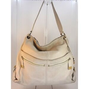 Michael Kors Leyton Cream Pebbled Leather Hobo Shoulder Bag Gold-Toned Hardware